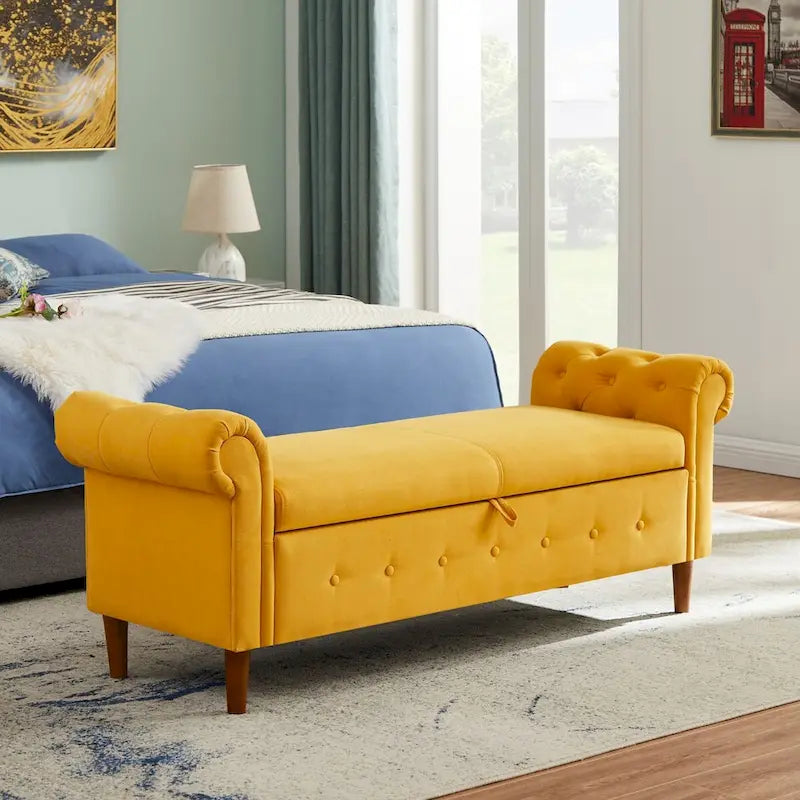 Panca contenitore per camera da letto, per fondo letto, con braccioli arrotondati, rivestita in velluto, pouf-divano lungo