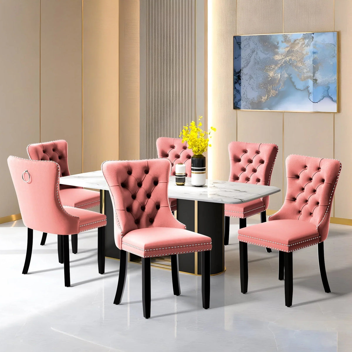 Upholstered Tufted Velvet Dining Chair with Solid Wood Legs Set of 6