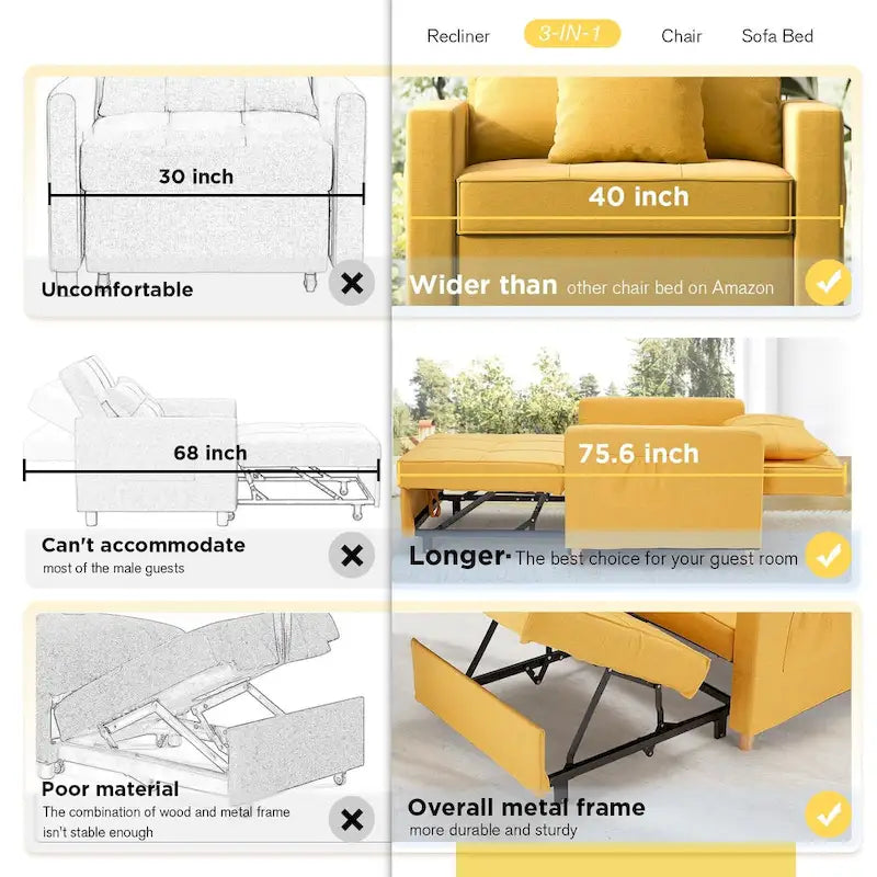 Poltrona letto regolabile, trasformabile 3-in-1, disponibile in più colori, per 1 persona