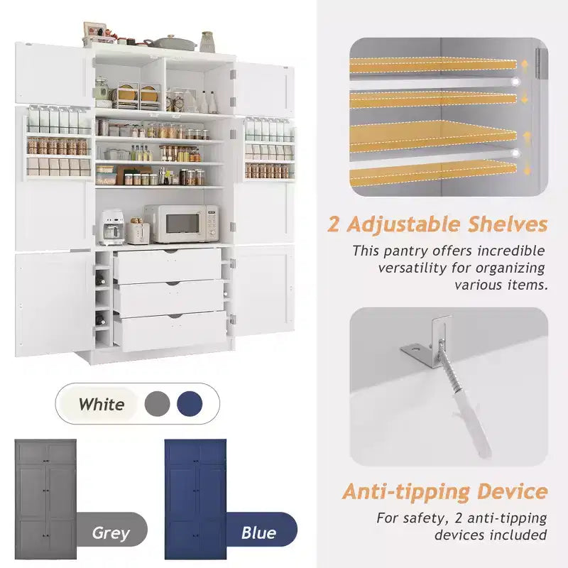 Armoire garde-manger haute pour cuisine avec prises électriques, grand placard autoportant avec support pour micro-ondes, tiroirs, étagères, porte-bouteilles et étagères intégrées à la porte