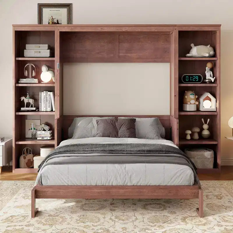 Łóżko składane (Murphy Bed) w rozmiarze Full/Queen, oszczędzające miejsce łóżko ścienne z biurkiem i regałem, ciemny brąz - ModernLuxe