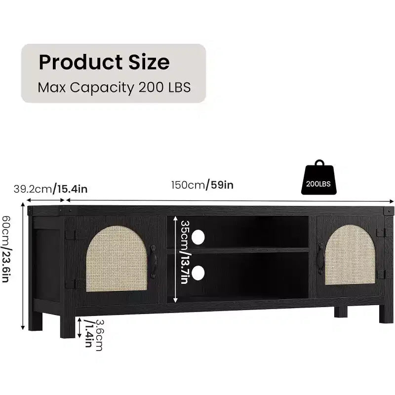 165 cm brede tv-meubel in bohemienstijl met rieten deur - houten entertainmentcentrum met twee kasten en verstelbare planken, geschikt voor woonkamers