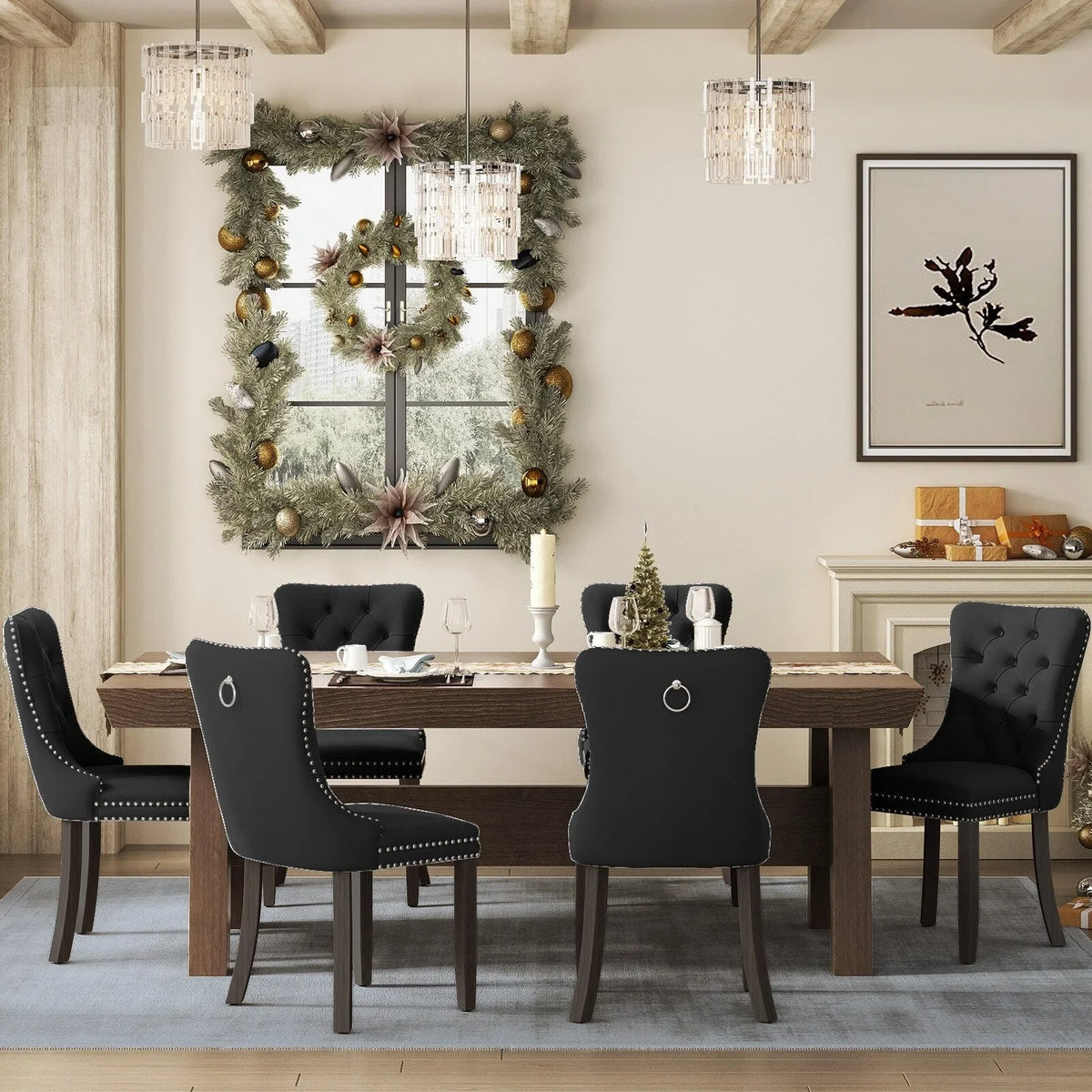 Upholstered Tufted Velvet Dining Chair with Solid Wood Legs Set of 6