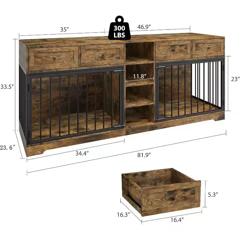 82-delige dubbele hondenbench, grote binnenkennel voor 2 honden, robuuste houten hondenbench en tv-meubel met 4 laden en planken