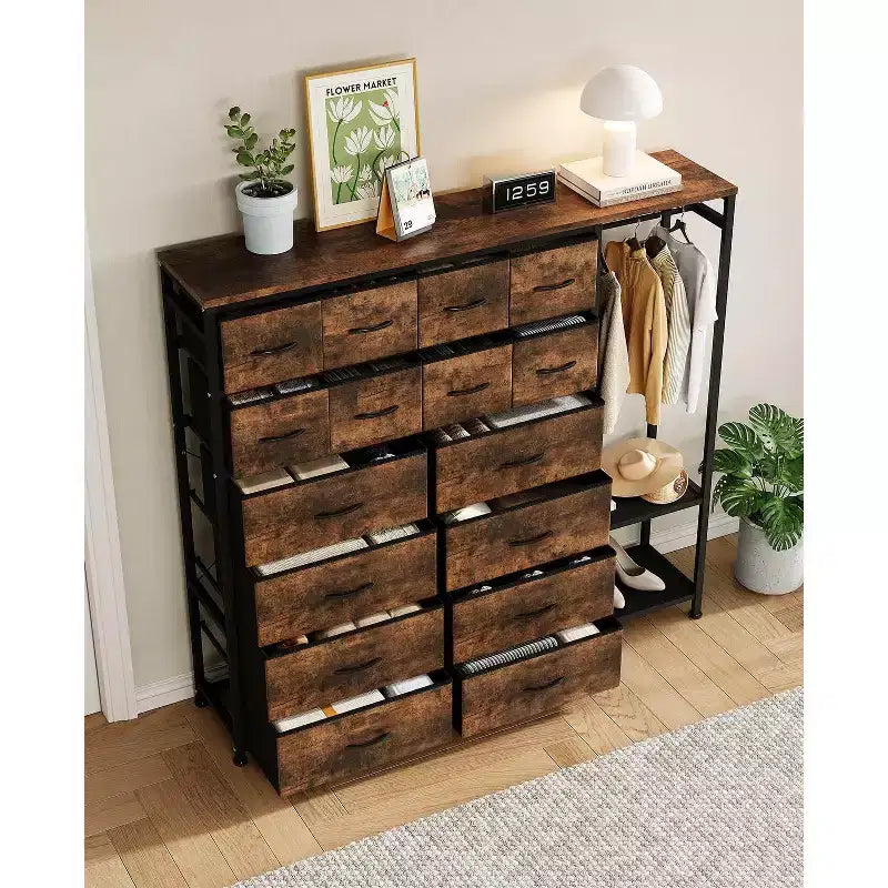 Kommode mit 16 Schubladen, Kleiderstange und Regalen, Stoff-Organizer zur Aufbewahrung für Schlafzimmer, Kleiderschrank oder Eingangsbereich