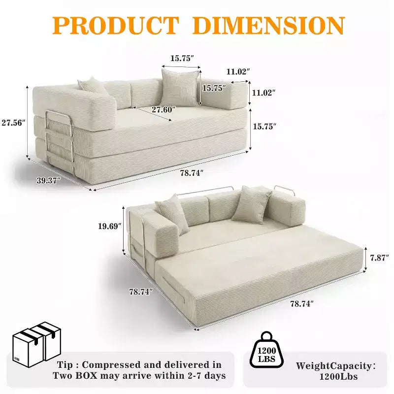 Dyonery 78-calowa rozkładana sofa, modułowa kanapa z sztruksu, 4 w 1, wielofunkcyjny mebel wypoczynkowy typu king-size.