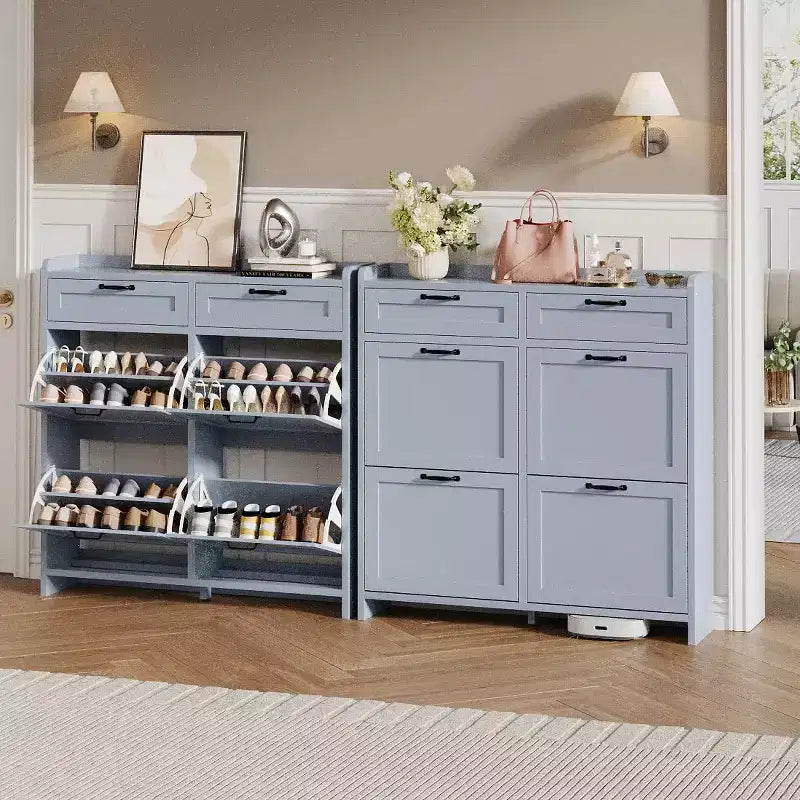 Schuhschrank mit 4 Klappschubladen und 2 oberen Schubladen, hölzerner Schuhorganizer-Schrank mit verstellbarem Regal, freistehende Schuhaufbewahrungsschränke
