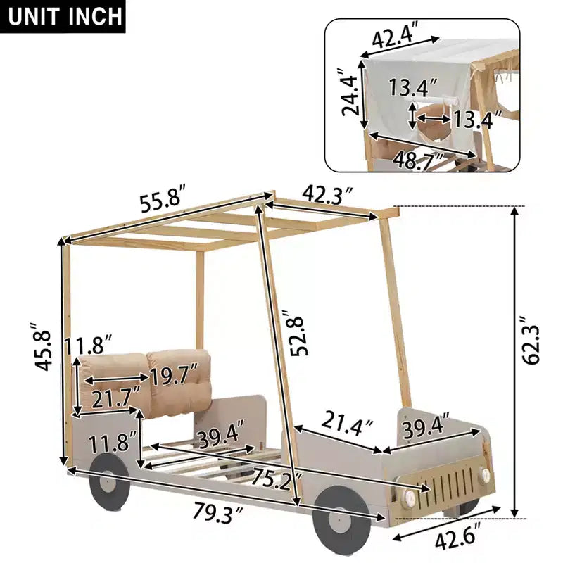 Whisen-Holzbett in Autoform mit Kissen, Deckenstoff und LED – Natur