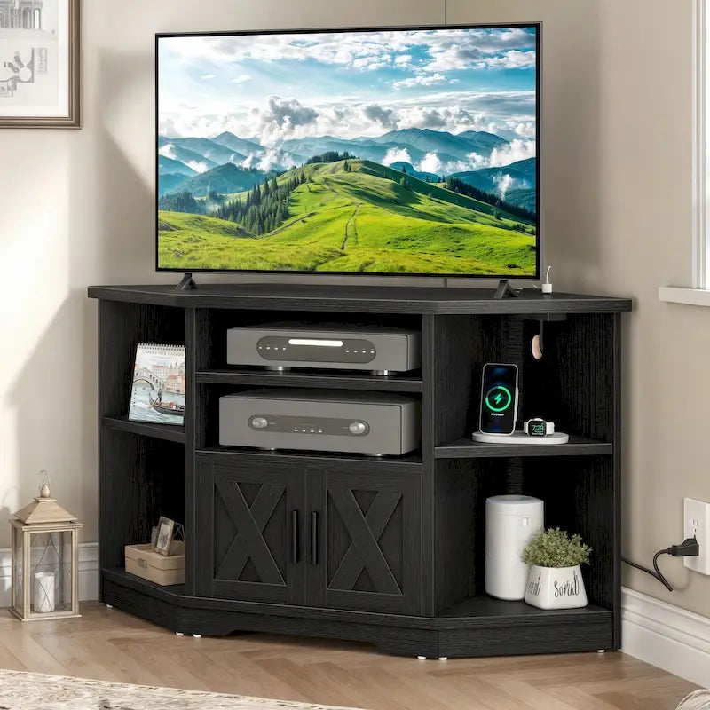 Eck-TV-Ständer im Landhausstil, Entertainment-Center und Medienkonsole für Fernseher bis 55 Zoll mit Steckdose