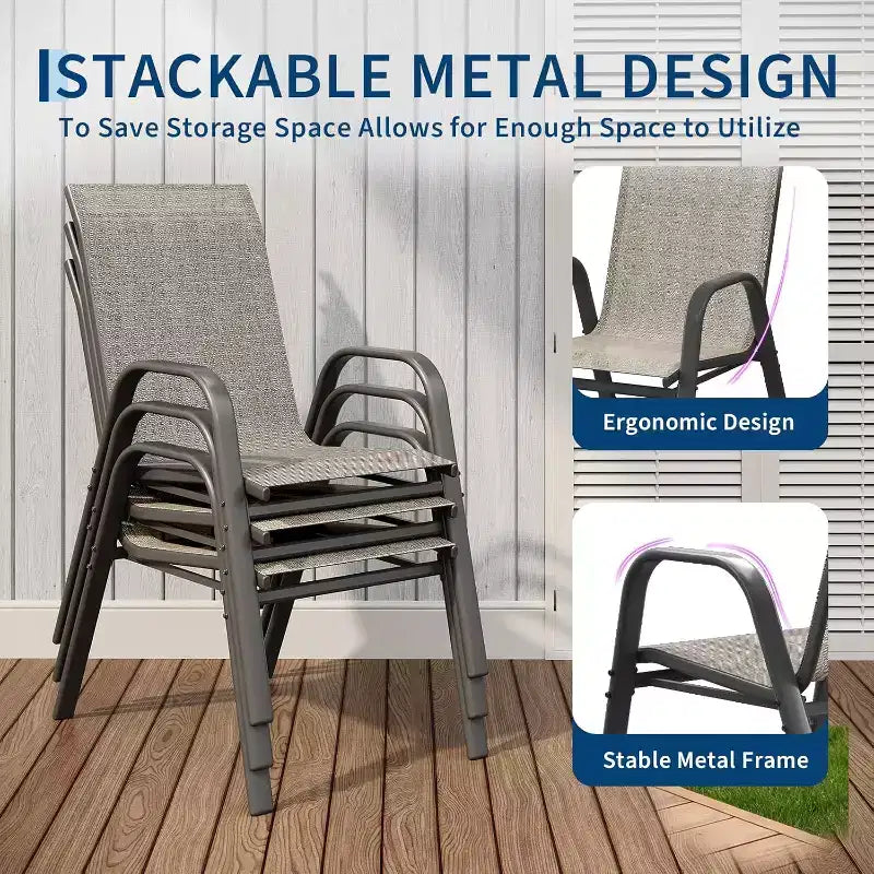 Terrasstoelen, stapelbare buiteneetkamerstoelen, set van 4/6, lichtgewicht weerbestendige textilene tuinstoelen met armleuningen voor achtertuin en zwembadterras