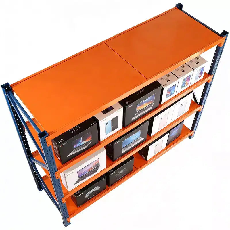 VIYET zware garagestelling, verstelbare metalen stelling met 4 niveaus en een draagvermogen van 4400 LBS, blauw-oranje industriële opslag voor winkel, gereedschap en sportschool