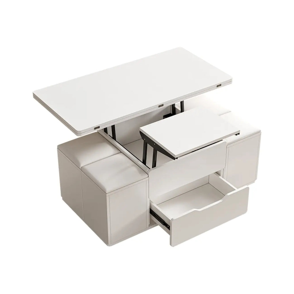 Table basse pliable à plateau relevable avec 4 tabourets et espace de rangement