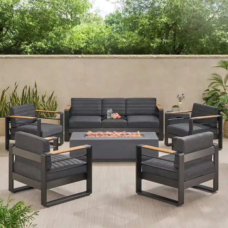Ensemble de conversation d’extérieur en aluminium pour 7 personnes Giovanna avec brasero, par Christopher Knight Home