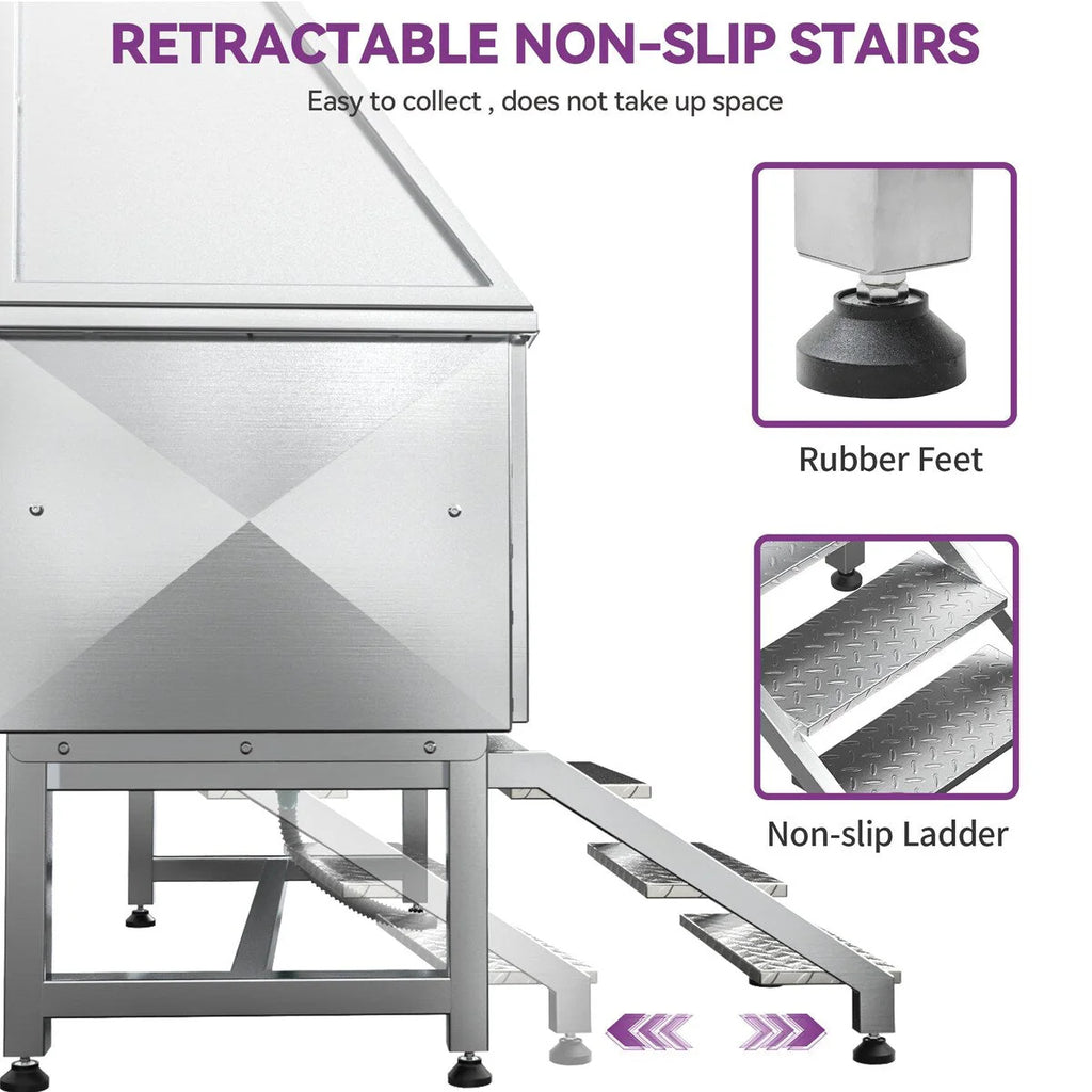 Vasca regolabile in acciaio inox da 50" W per toelettatura degli animali domestici con rampa a gradini