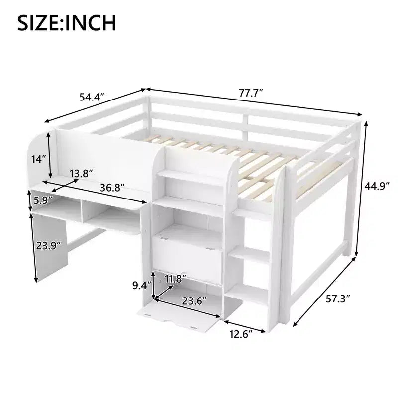 Rosa-weißes Low-Loft-Bett mit Schreibtisch, Stauraum und Whiteboard - Einzelbett, 1 Person