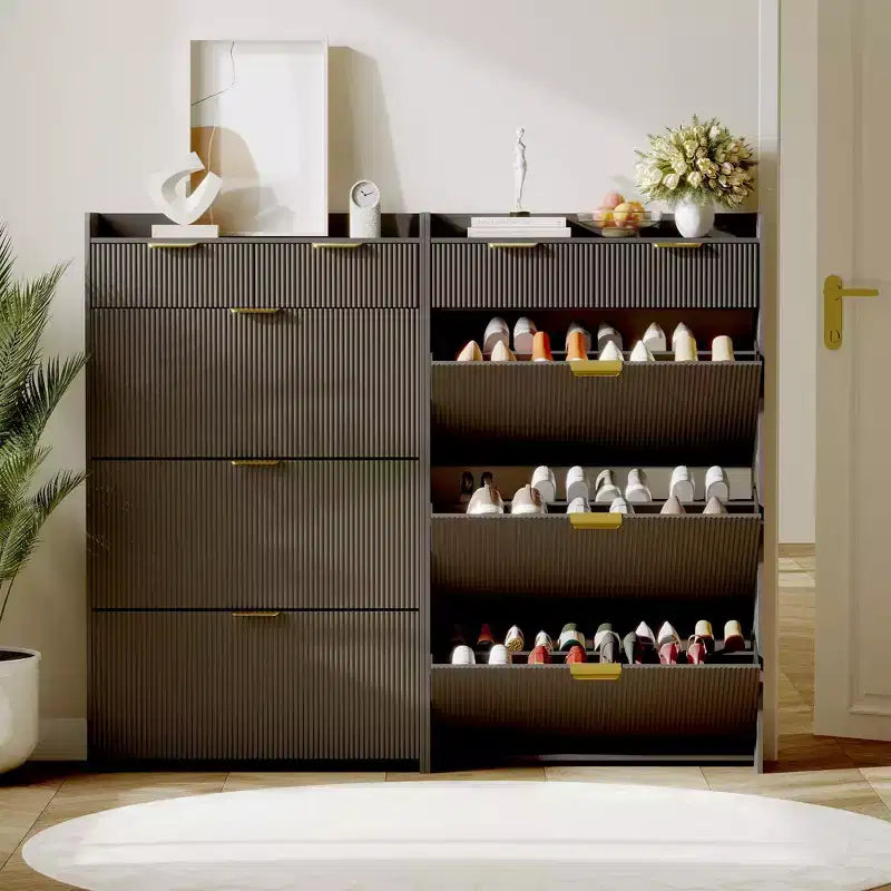 Scarpiera moderna bianca con 3 cassetti ribaltabili, 2 cassetti piccoli e ganci, organizer sottile scanalato per scarpe, mobile stretto per ingresso