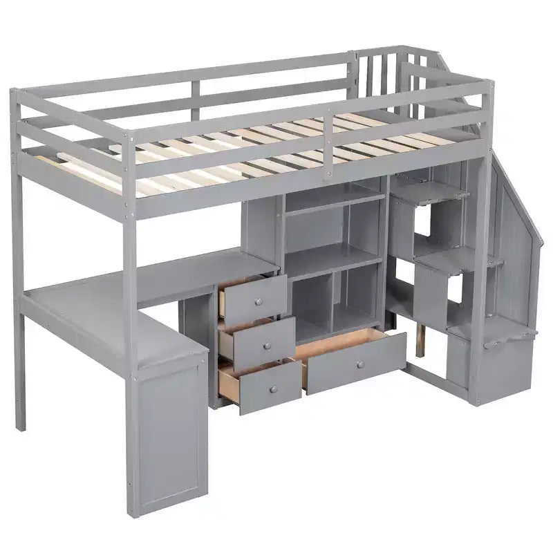 Cama alta de tamanho Twin com secretária em L, 3 gavetas, armário, arrumação nas escadas e estrutura em pinho maciço/MDF
