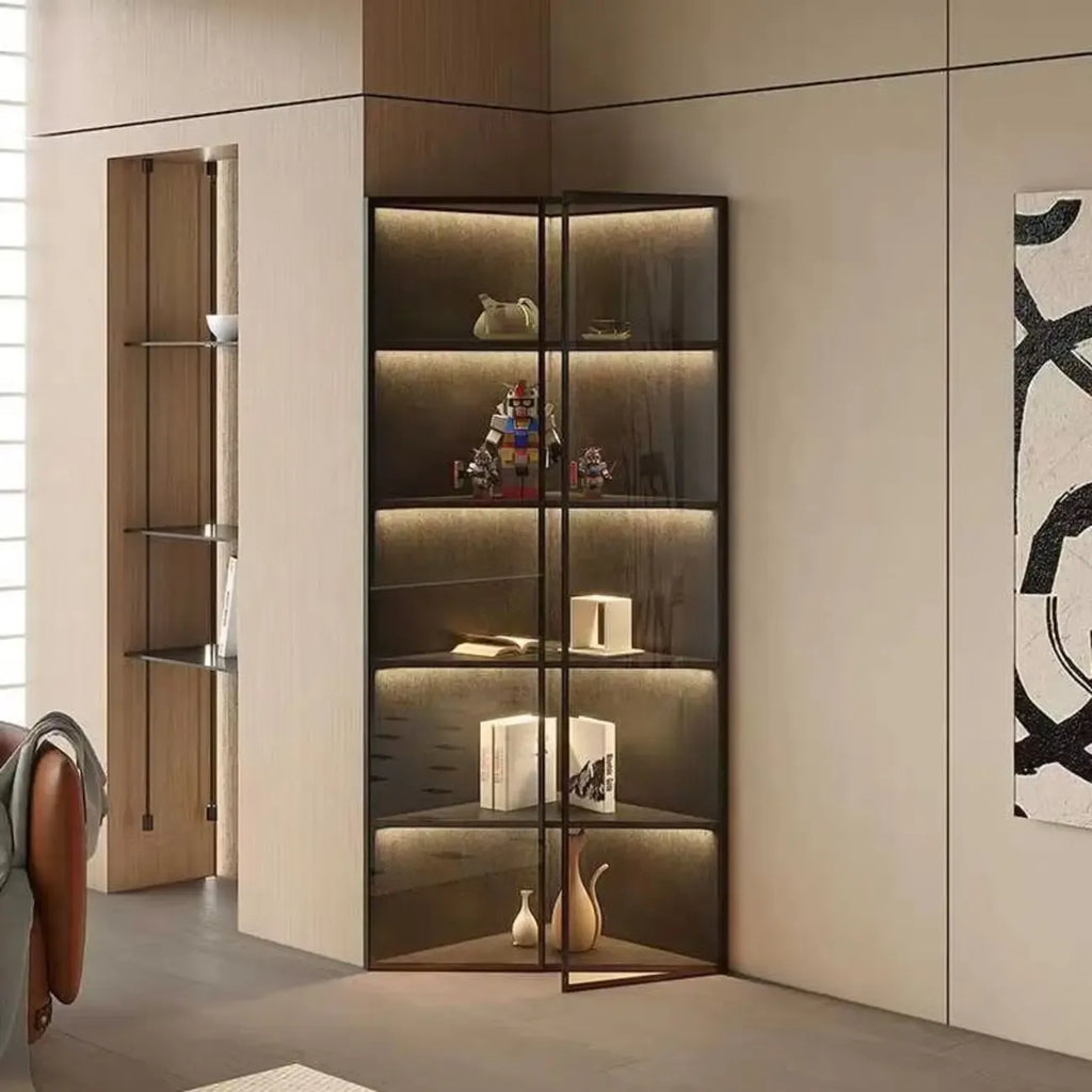 Vitrine de canto moderna em metal e madeira cinzenta com porta de vidro