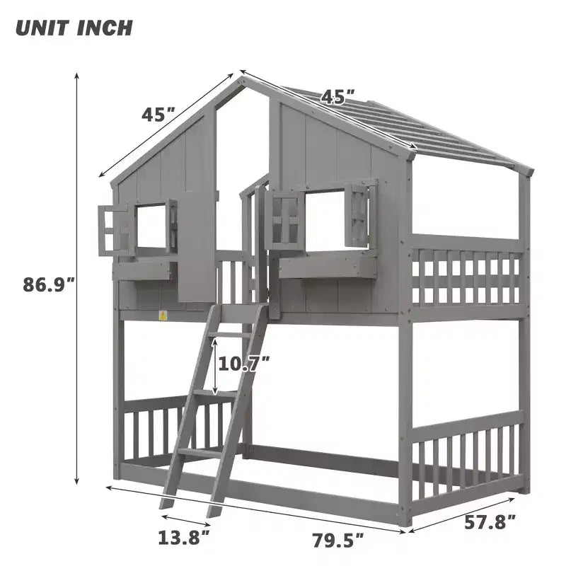 Hochbett in Einzelbettgröße in Hausform, hölzernes Spielhaus-Hochbett mit Leiter und Absturzsicherungen für Kinder