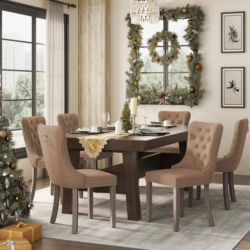 Set di 6 sedie da pranzo imbottite in velluto capitonné con gambe in legno massello