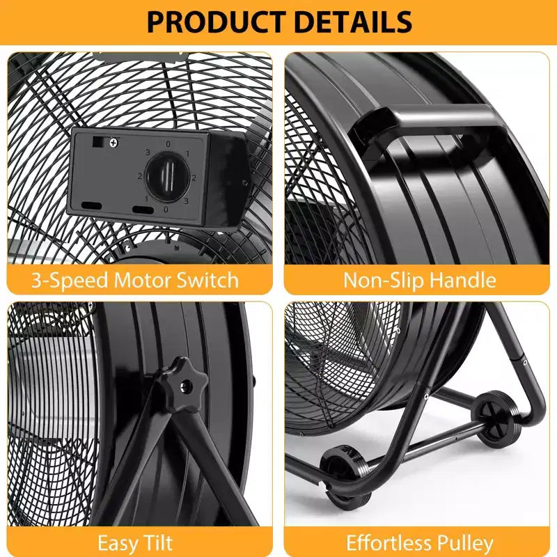 Bodenventilator, Industrieventilator – 24-Zoll-Hochleistungs-Trommelventilator mit 4 Geschwindigkeiten, Metall-Luftumwälzer für Lager, Werkstatt, Garage, Fabrik und Keller
