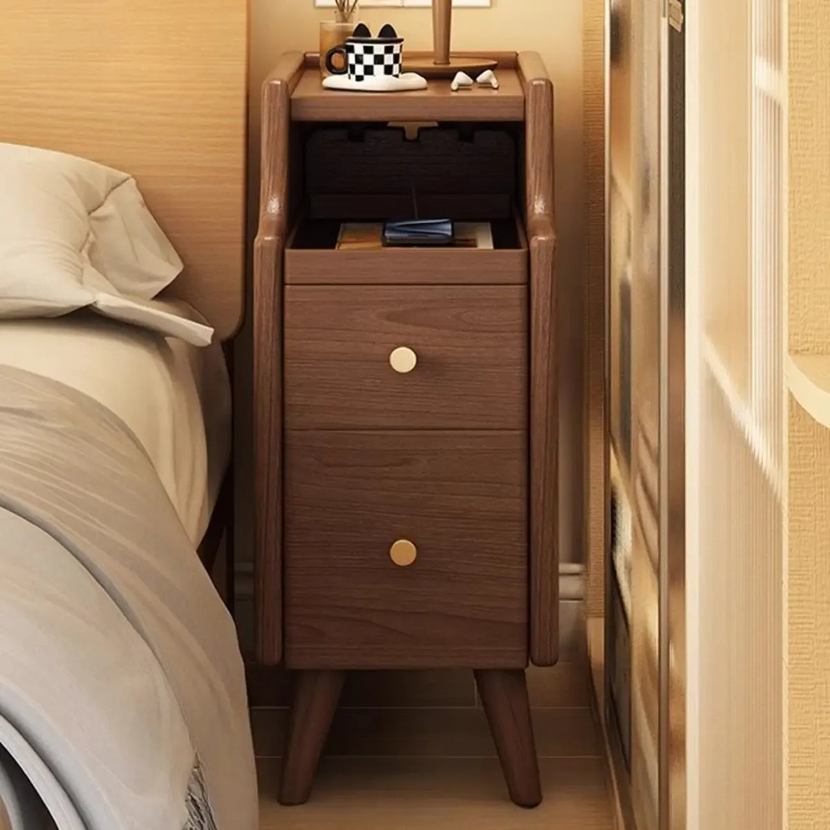 Narrow White Wood 2 Shelves Nightstand