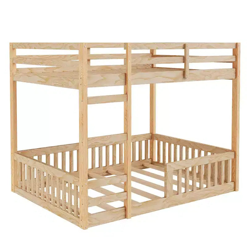 Letto a castello in legno matrimoniale sopra matrimoniale con scala e sponde di sicurezza, letto a castello matrimoniale basso con rete a doghe