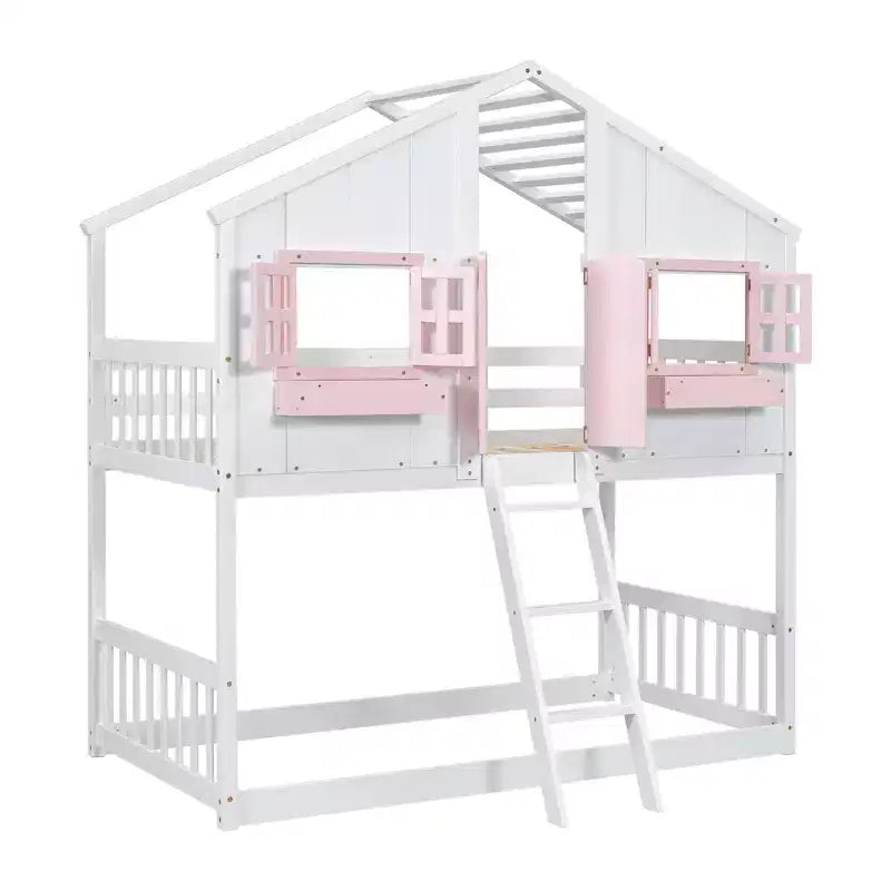 Hochbett in Einzelbettgröße in Hausform, hölzernes Spielhaus-Hochbett mit Leiter und Absturzsicherungen für Kinder