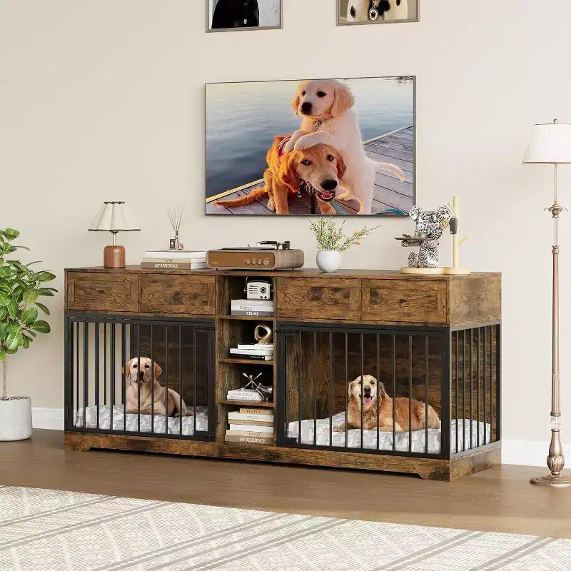 82-delige dubbele hondenbench, grote binnenkennel voor 2 honden, robuuste houten hondenbench en tv-meubel met 4 laden en planken