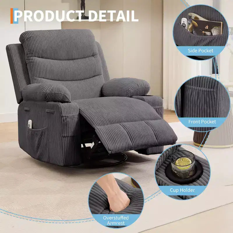 Fauteuil inclinable à bascule pivotant à 360° grand format avec massage et chauffage – fauteuil lounge ergonomique avec porte-gobelets et poches latérales pour le salon ou la chambre d’enfant