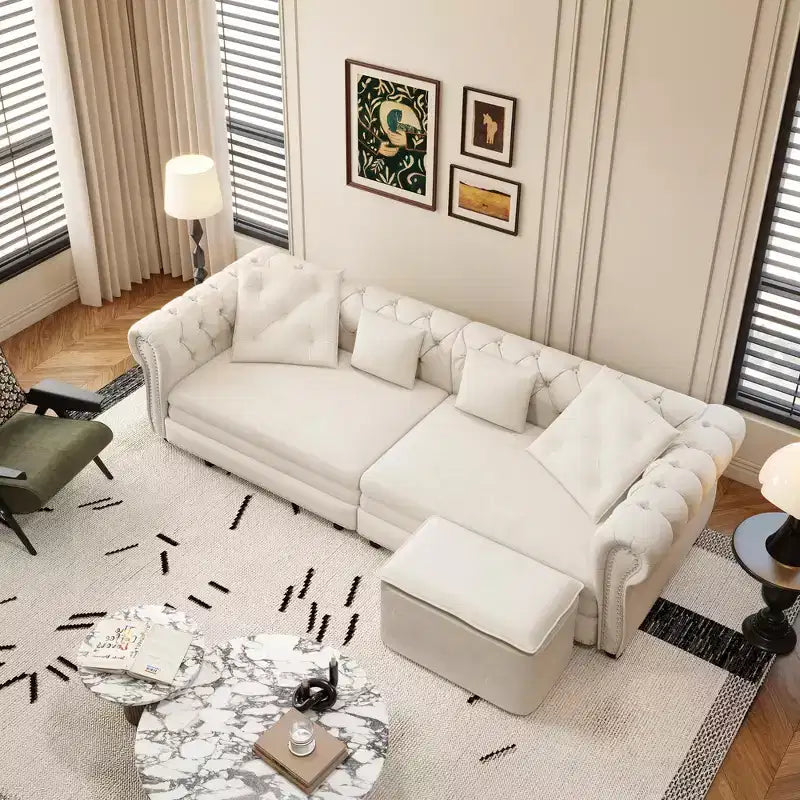 Rozkładana sofa 3 w 1 Whisen Velvet typu king-size z ruchomym podnóżkiem i pikowanym wzorem