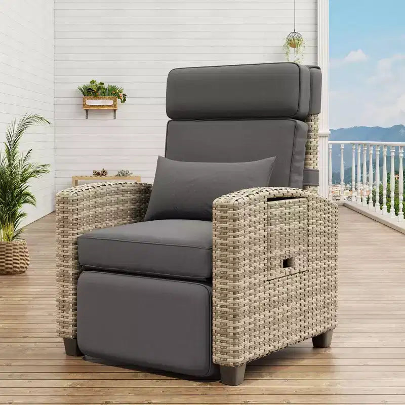 Fauteuil inclinable d’extérieur, fauteuils inclinables de patio avec dossier et repose-pieds réglables, fauteuil inclinable de détente en osier jusqu’à 150 avec tablette rabattable
