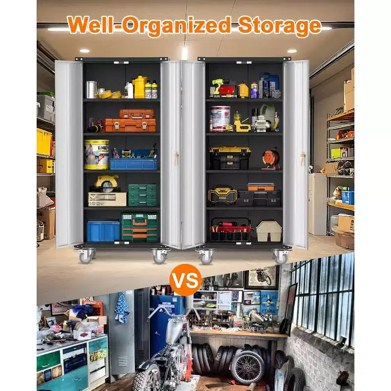 Armadio contenitore da garage con ruote e pannello portautensili, armadio metallico con serratura da 72 H, 2 ante e 4 ripiani regolabili per garage e officina