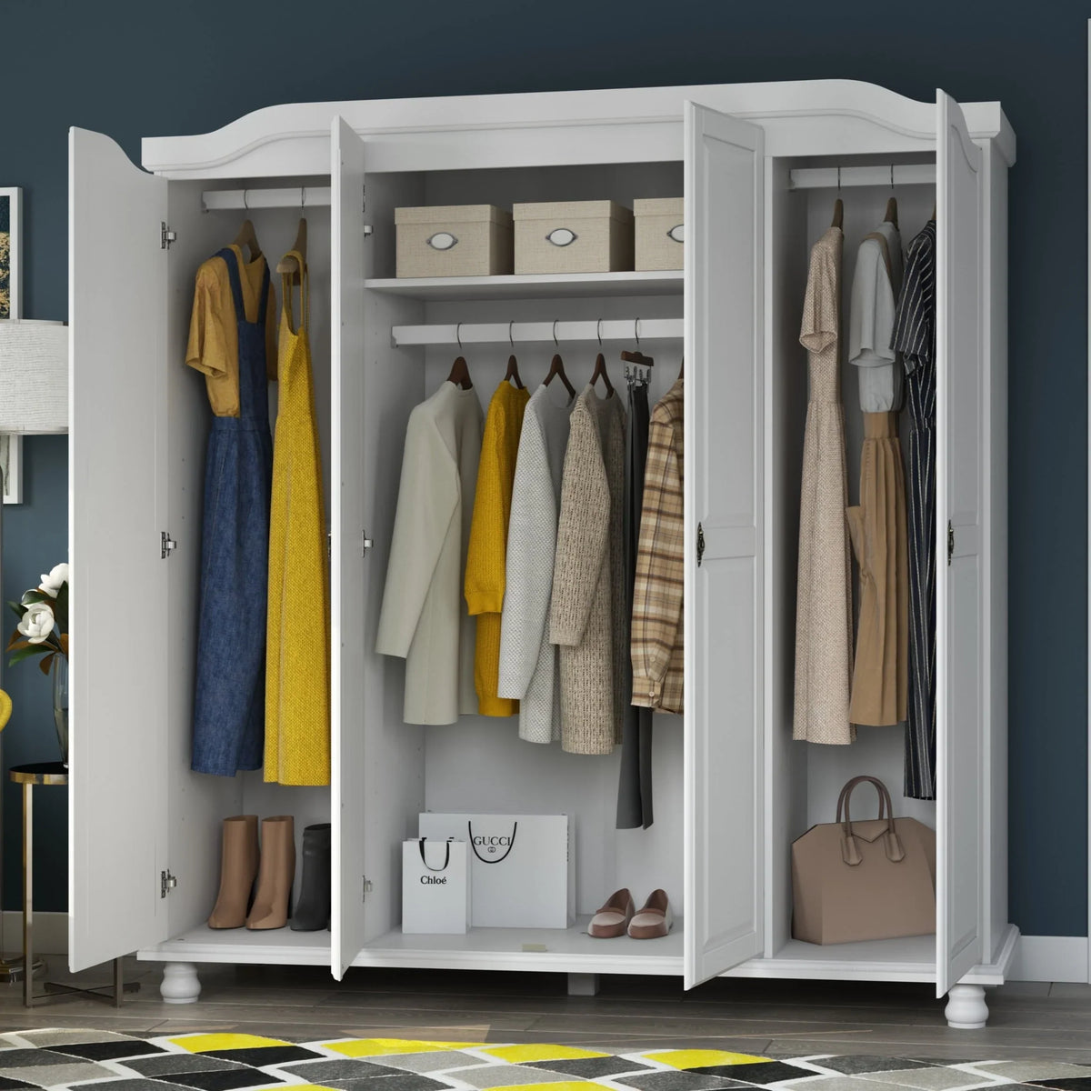 Armadio guardaroba a 4 ante Palace Imports Kyle in legno massello al 100% con ante in legno massello o a specchio
