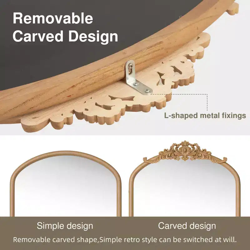 37 in. W x 71 in. H Klassiek gesneden houten boogframe met rotan onderkant, wandspiegel in bruin