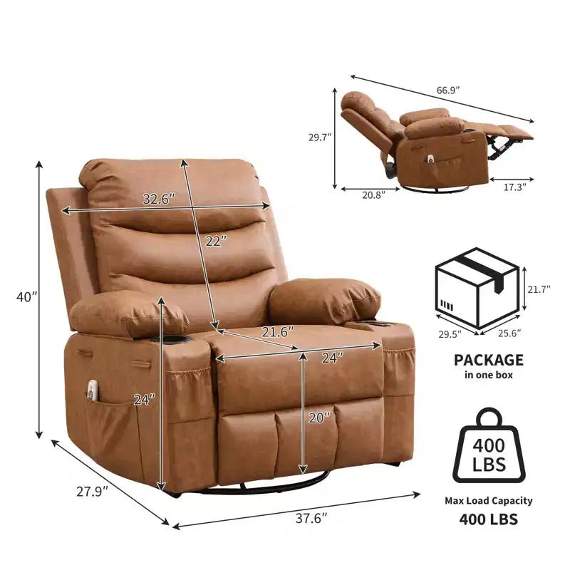Fauteuil inclinable à bascule pivotant à 360° grand format avec massage et chauffage – fauteuil lounge ergonomique avec porte-gobelets et poches latérales pour le salon ou la chambre d’enfant