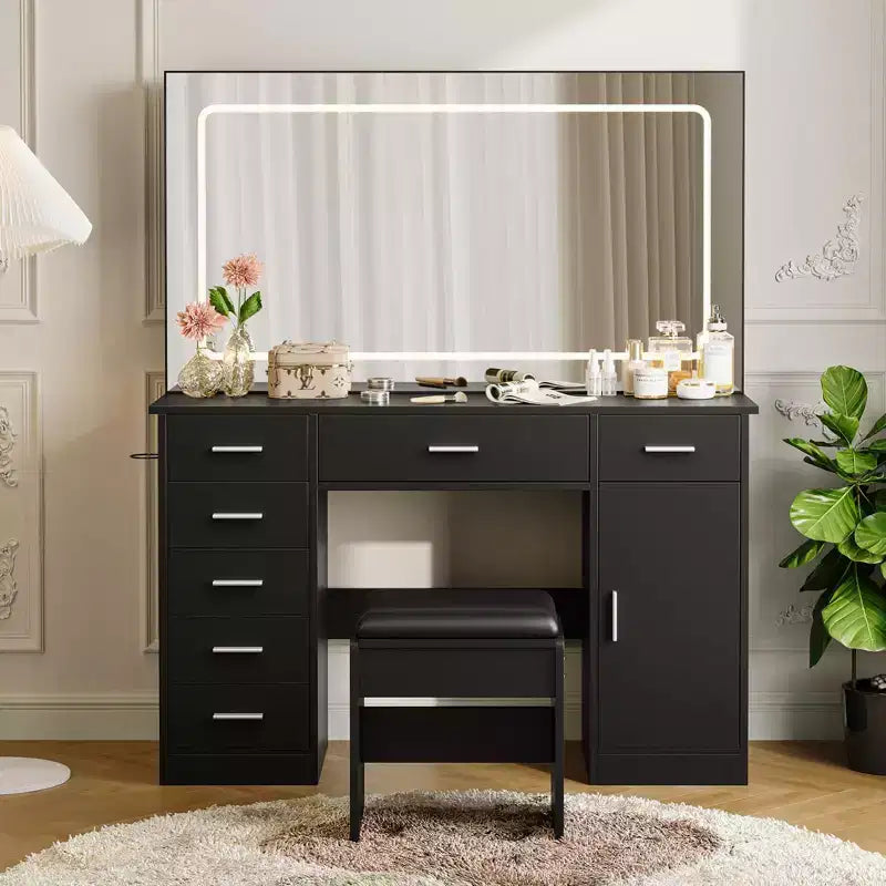 Modern make-upbureau met grote spiegel, 7 laden, ledverlichting, stoel, 3 lichtstanden, houder voor föhn en oplaadstation voor de slaapkamer