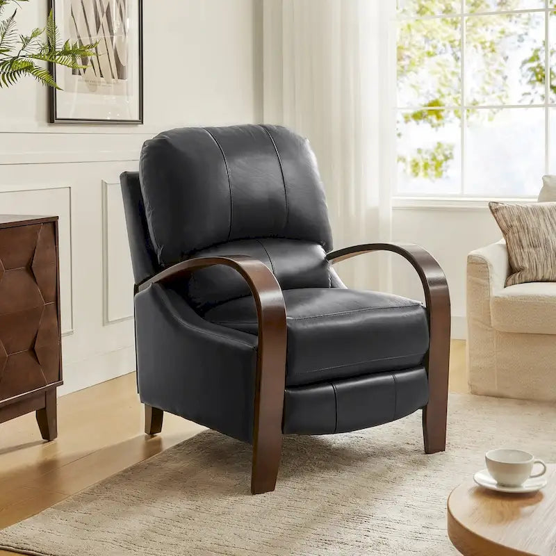 Alex mid-century moderne handmatige relaxfauteuil van echt sigarenkleurig leer met gebogen houten armleuningen