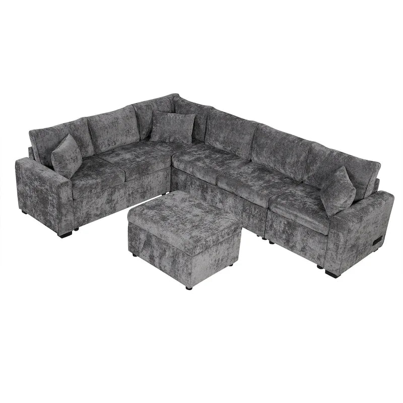 Ecksofa aus Chenille, ausziehbares Schlafsofa in L-Form mit Aufbewahrungshocker, 3 Kissen und Ladegeräten