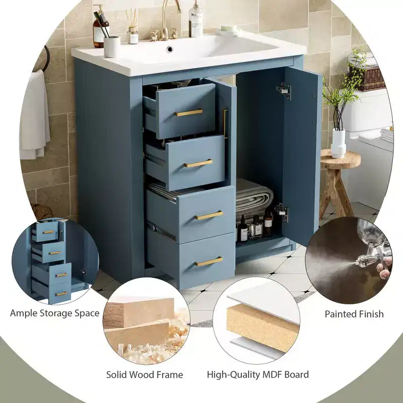 Mobile bagno da 30 con lavabo singolo, mobiletto e 3 cassetti - Nero / Blu / Verde / Indaco / Bianco