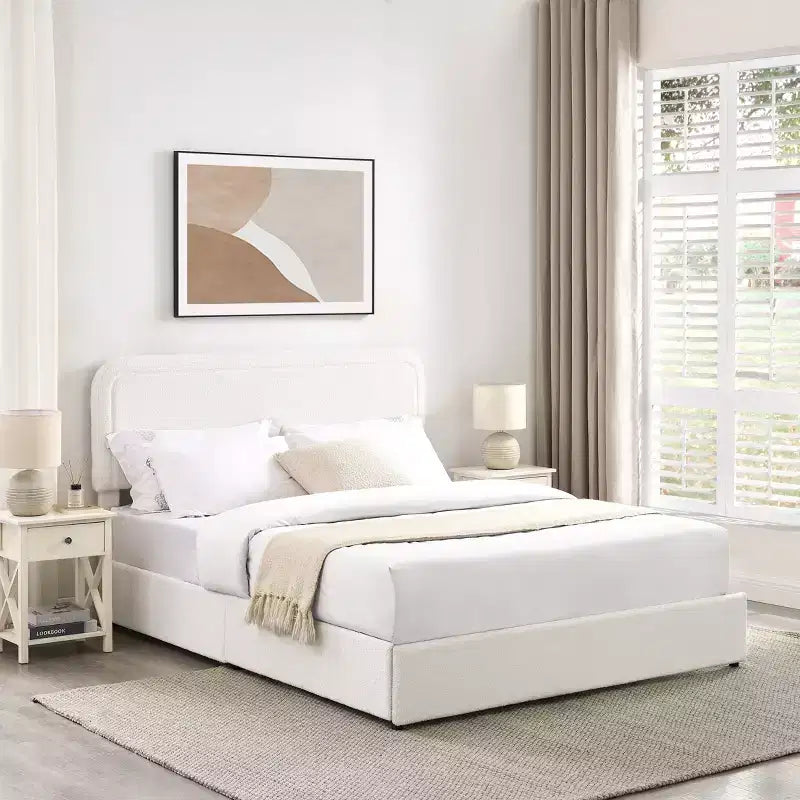 Modernes gepolstertes Bouclé-Bett in Queen-Size mit Stauraumschubladen