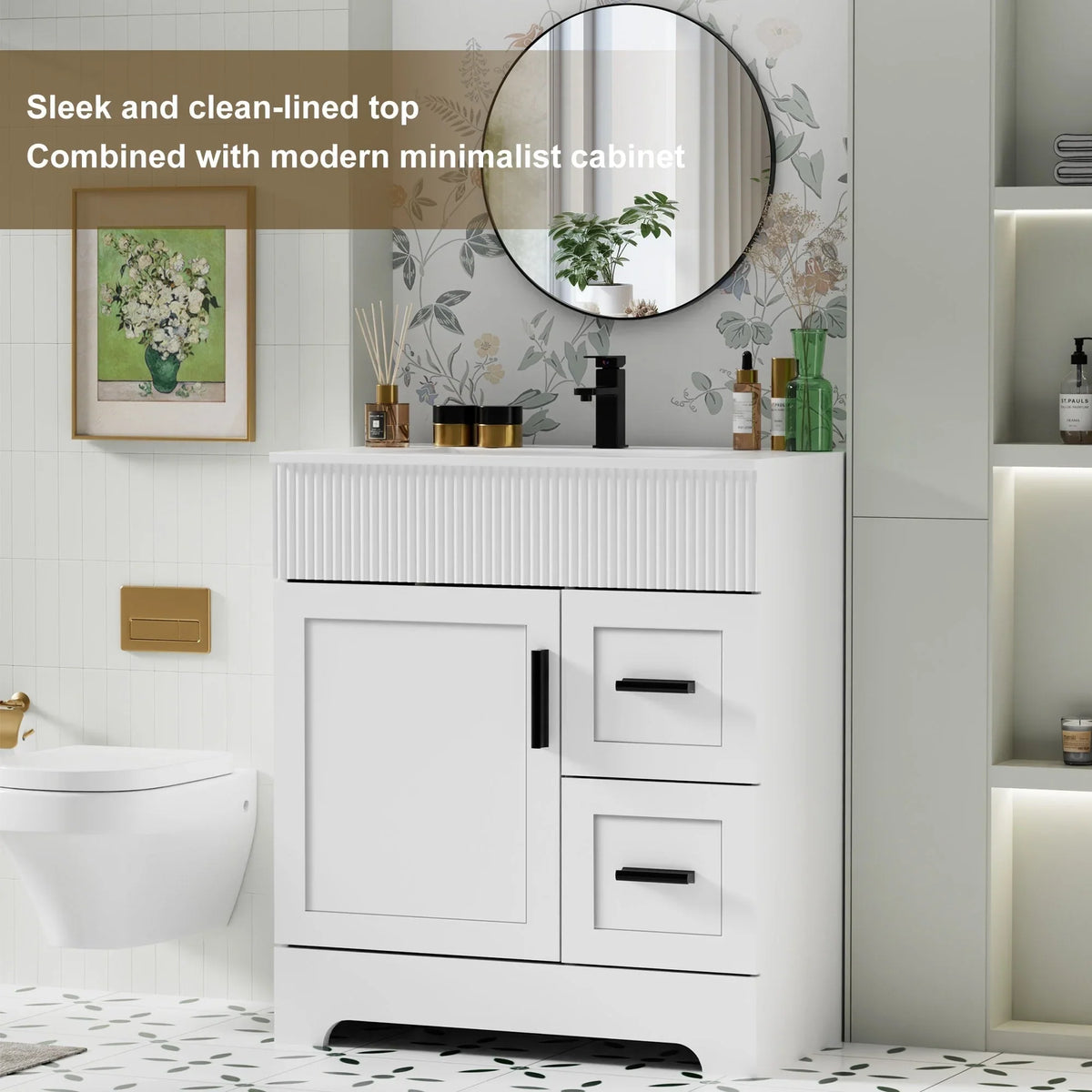 Conjunto de móvel de casa de banho Wavy Line 30/36/48 com lavatório e torneira