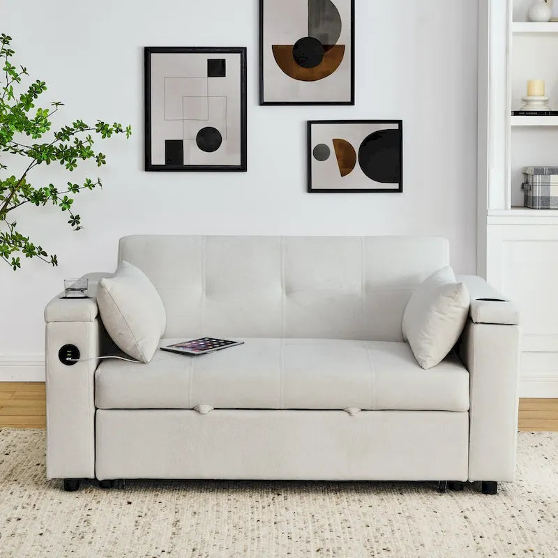 Canapé-lit escamotable 54, canapé-lit inclinable 2 places avec rangement, coussin lombaire et prise USB