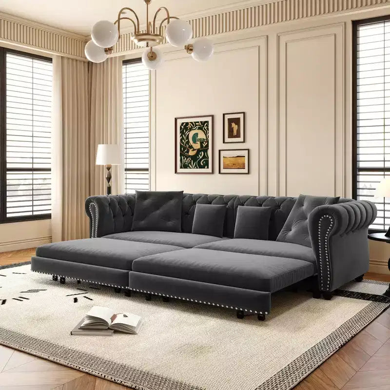 Rozkładana sofa 3 w 1 Whisen Velvet typu king-size z ruchomym podnóżkiem i pikowanym wzorem