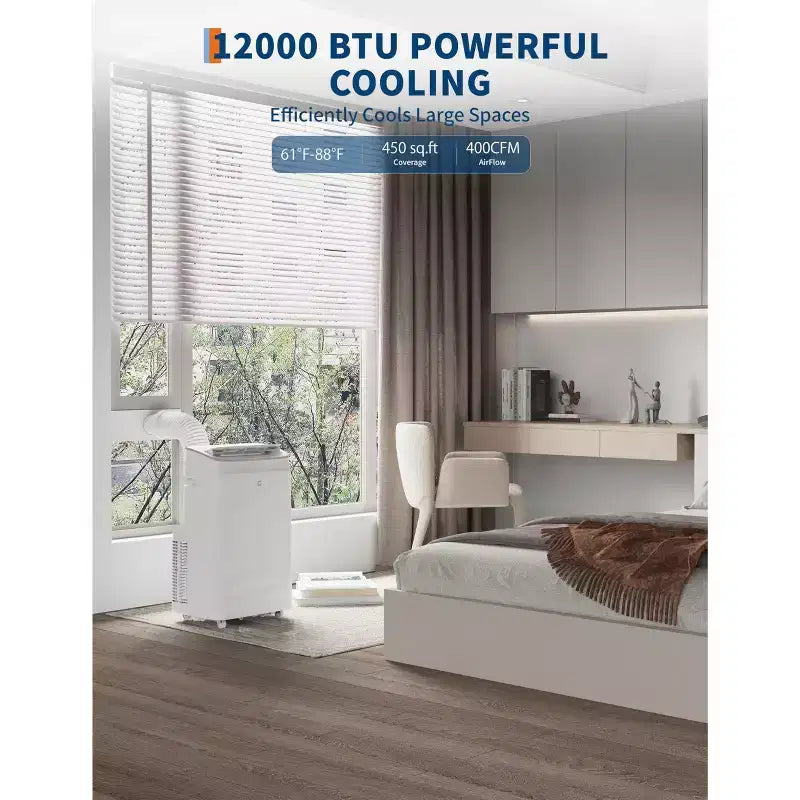Przenośny klimatyzator 15 000 BTU, urządzenie 3 w 1 z osuszaczem i wentylatorem, tryb nocny, pilot i panel LED, chłodzi powierzchnię do 79 m², cicha praca
