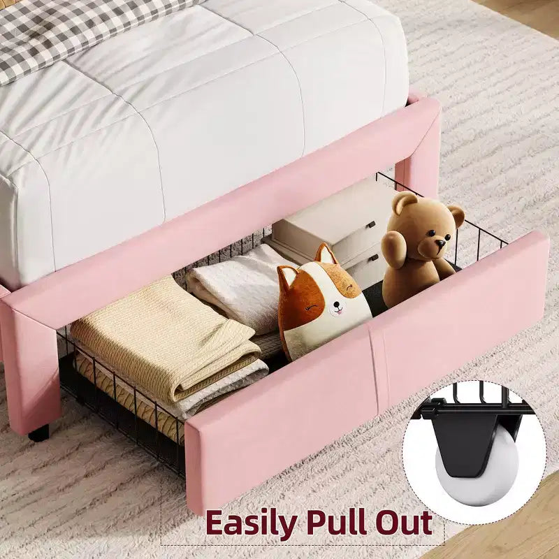 Bedframe voor 2 eenpersoonsbedden met opbergladen en hoofdbord, fluweel bekleed, laag model, geluidloos, eenvoudig te monteren, roze