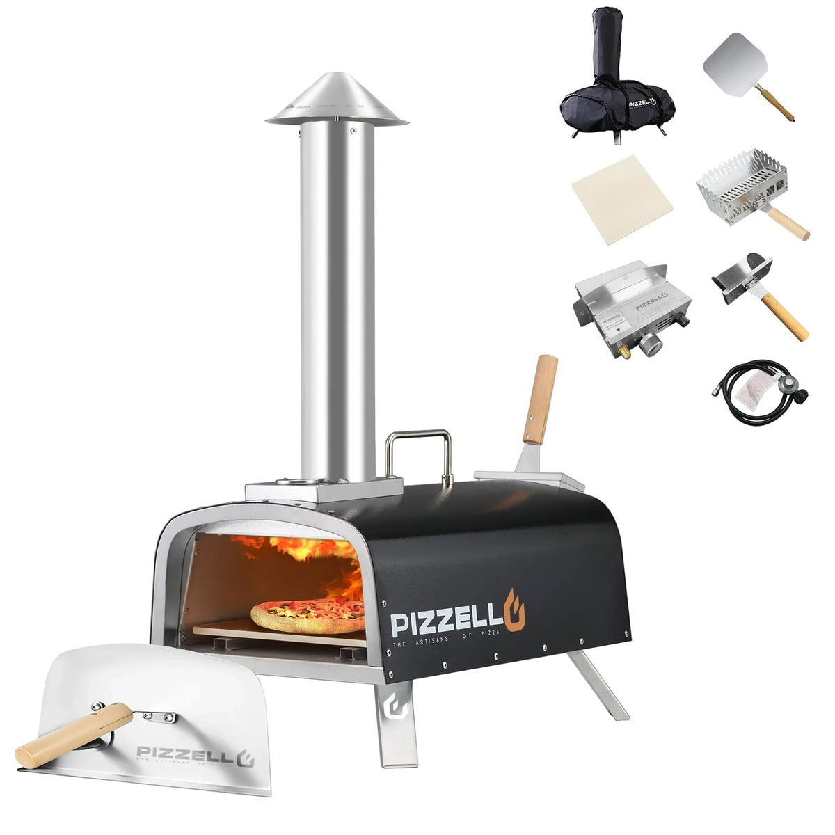Multibrennstoff-Pizzaofen für den Außenbereich, Steinofen-Pizzaofen mit Gasbrenner und Holzfach – 12 Zoll