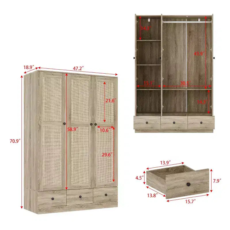 Armoire en rotin Famapy avec 3 tiroirs, placard à 3 portes en rotin respirant, grande armoire de rangement de style champêtre pour chambre