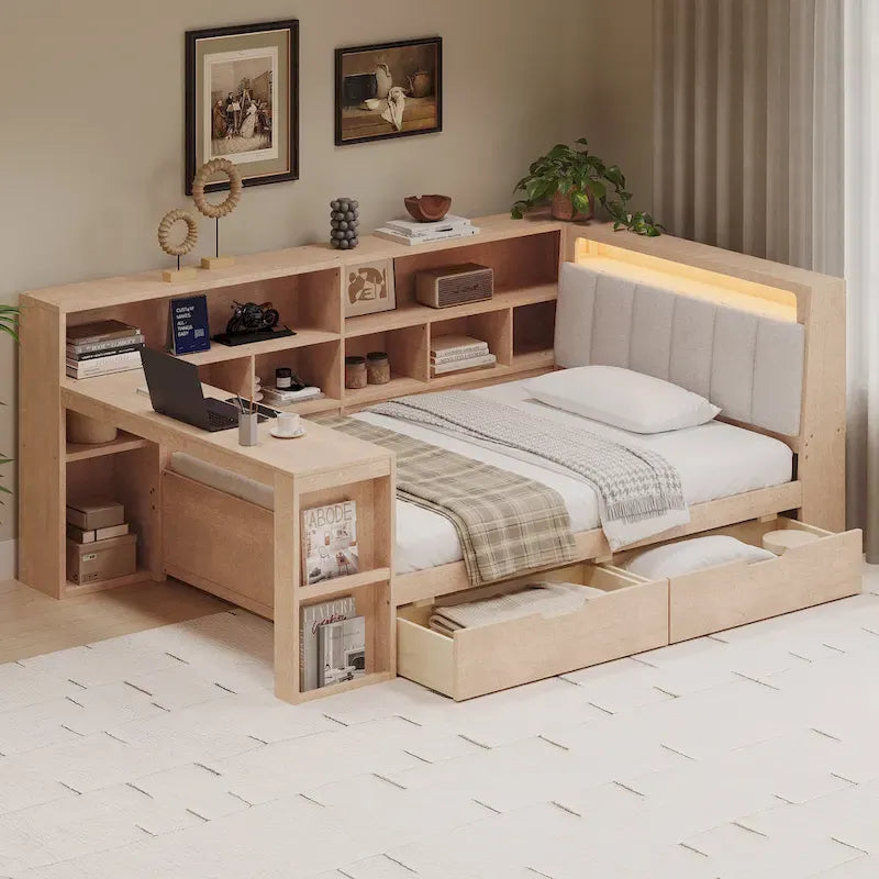 Sofa narożna z drewna w kształcie litery L z biurkiem, regałem, łóżkiem narożnym z szufladami pod łóżkiem, tapicerowanym zagłówkiem i wbudowanym oświetleniem
