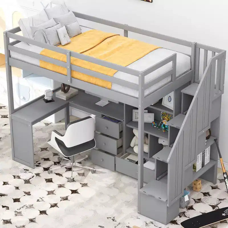 Cama alta de tamanho Twin com secretária em L, 3 gavetas, armário, arrumação nas escadas e estrutura em pinho maciço/MDF